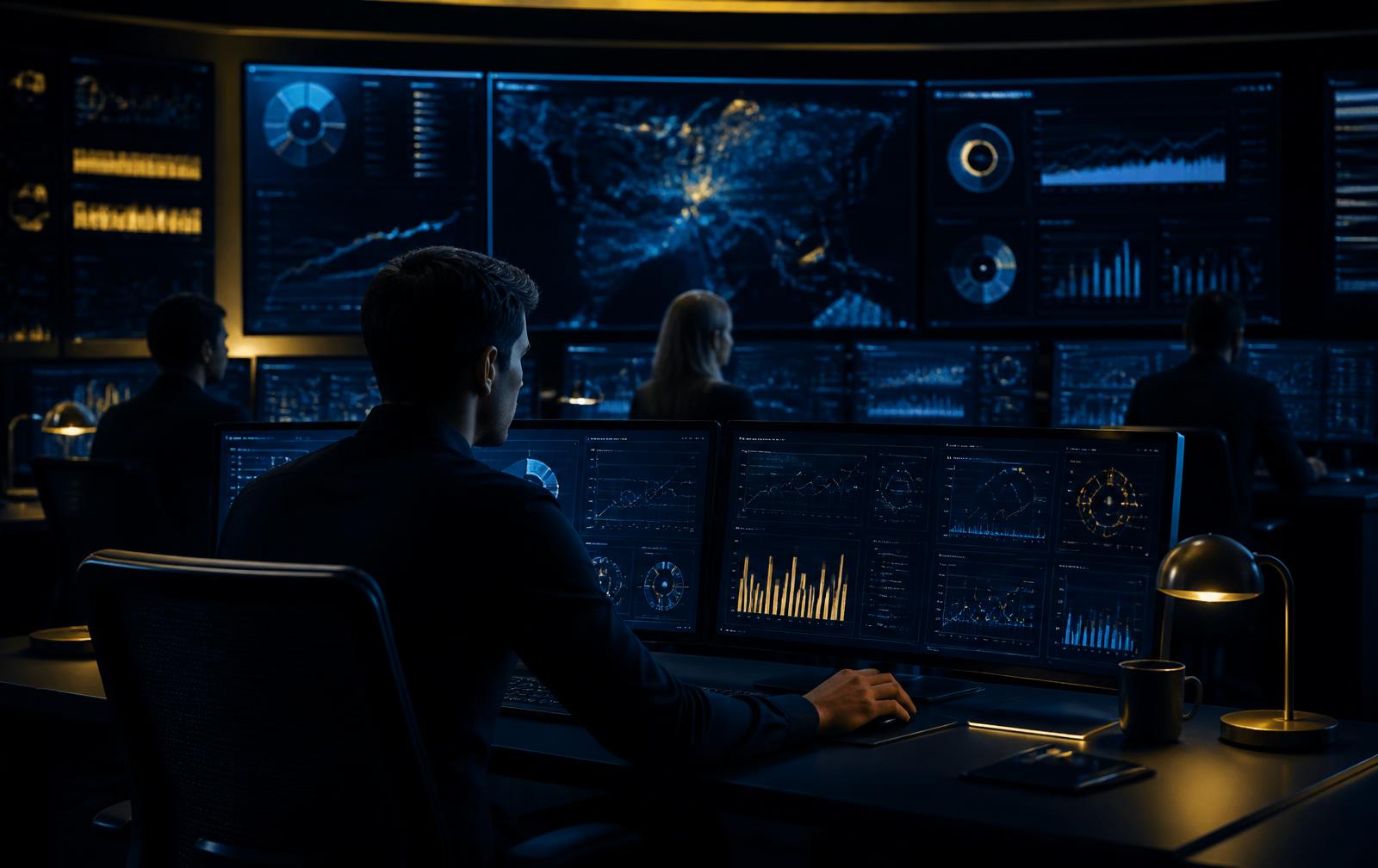 Illustrative image of club staff reviewing analytics dashboards in a dark control room