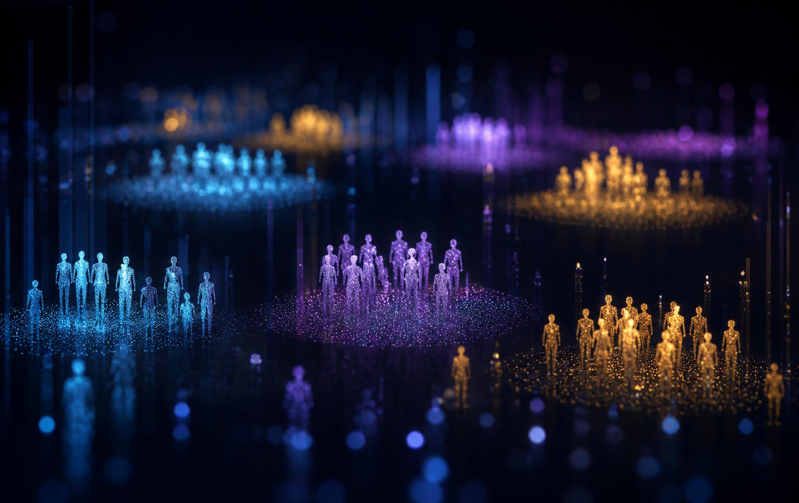 Abstract illustration of anonymous audience segments as glowing clusters of light